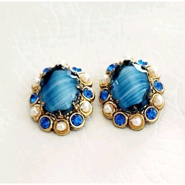 Vintage Signed West Germany Blue Faceted Glass Faux Pearl Clip-On Earrings